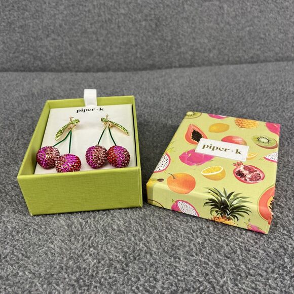 Piper K CHERRY Glass Stones Enamel Gold Tone Nickel Free Drop Earrings 3" NIB - Picture 2 of 12